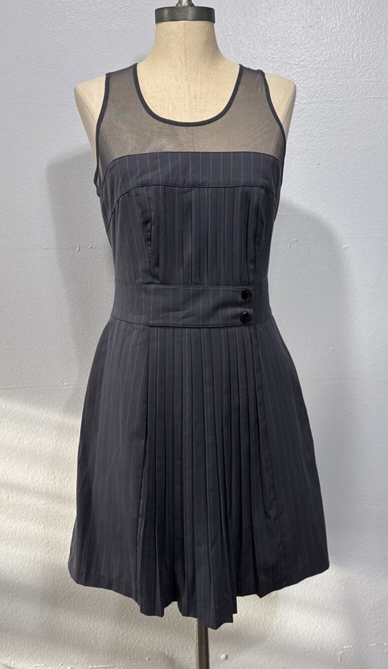 Bebe Dress Fit & Flare Pleats Mesh Chest Back Womens Sz 6 Gray Pink Pinstripes